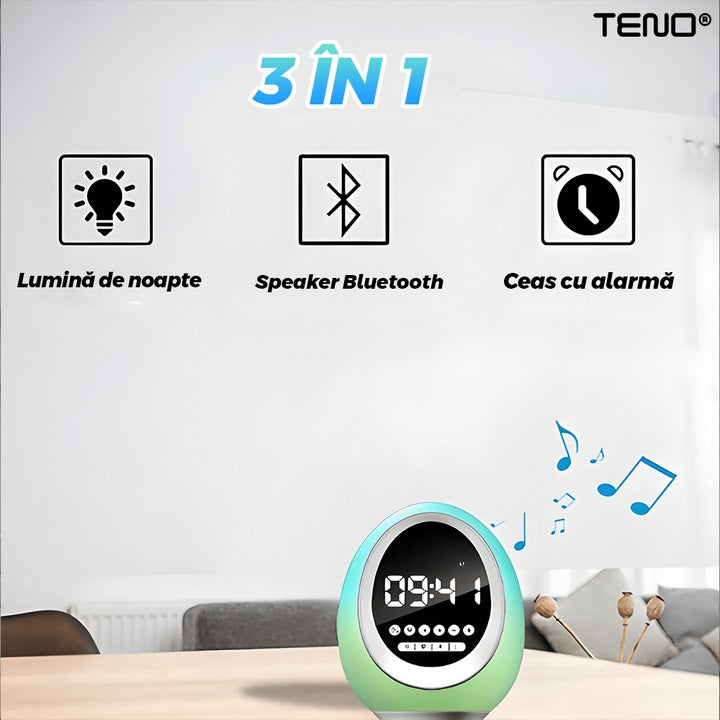 Ceas Desteptator Multifunctional Teno®, Bluetooth, functie de alarma, functie de radio, lumini RGB, autonomie ridicata, oval