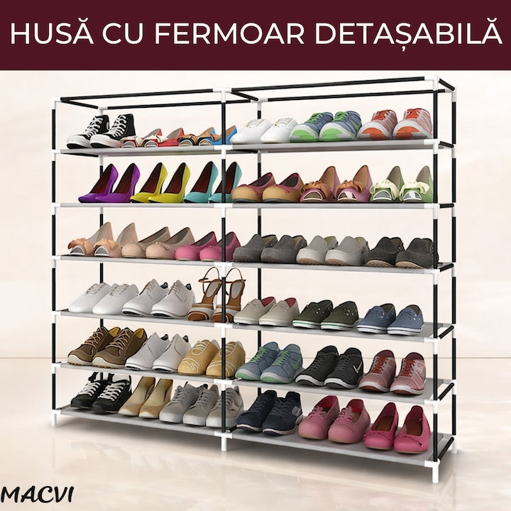 Dulap Pantofi Macvi®, Dulap Textil Dublu pentru Incaltaminte, 6 Niveluri, 120 x 30 x 118 cm, Rosu