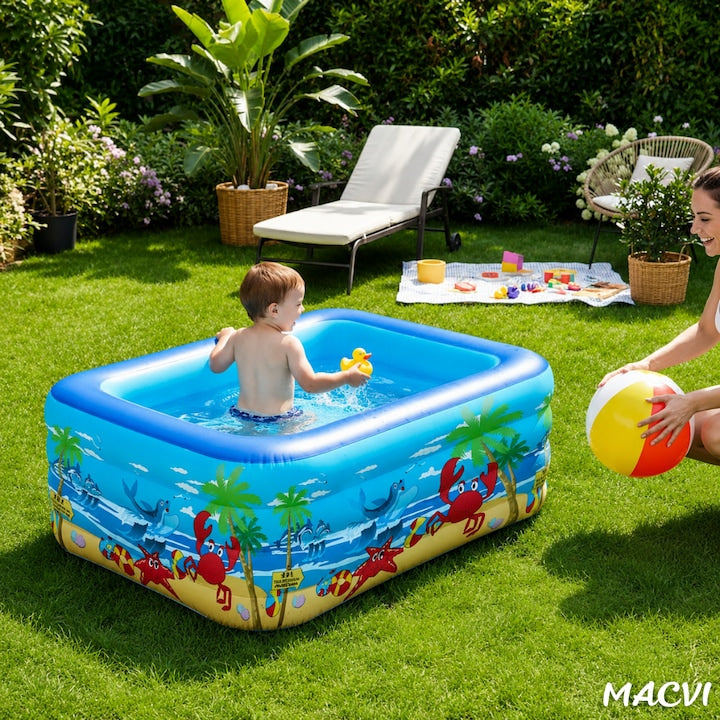 Piscina gonflabila Macvi® 150 x 102 x 50 cm, 3 inele, PVC rezistent, capacitate 84 L, pentru copii si adulti, model tropical, albastru