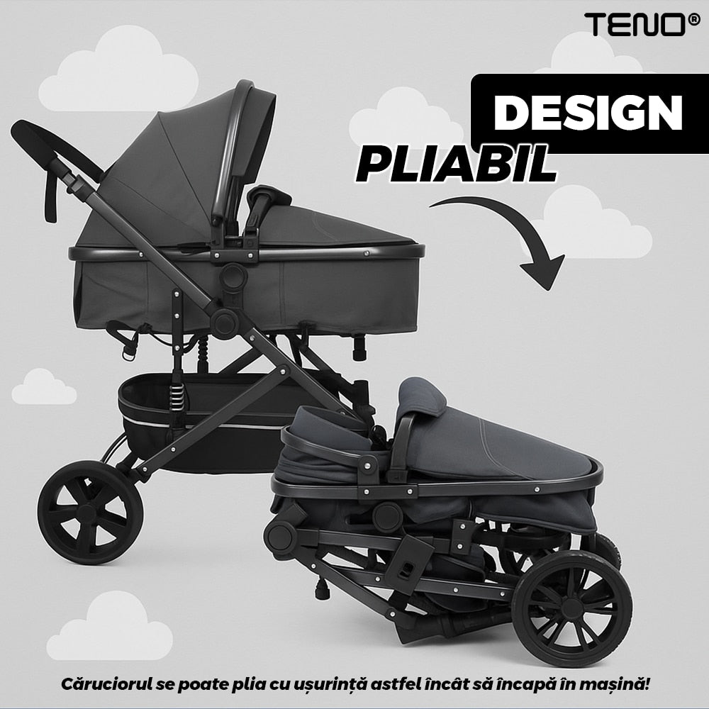 Carucior 3 in 1 Teno®, transformabil, carucior clasic, carucior sport, pliabil, copertina cu protectie solara, cosulet dorsal, roti rezistente, negru
