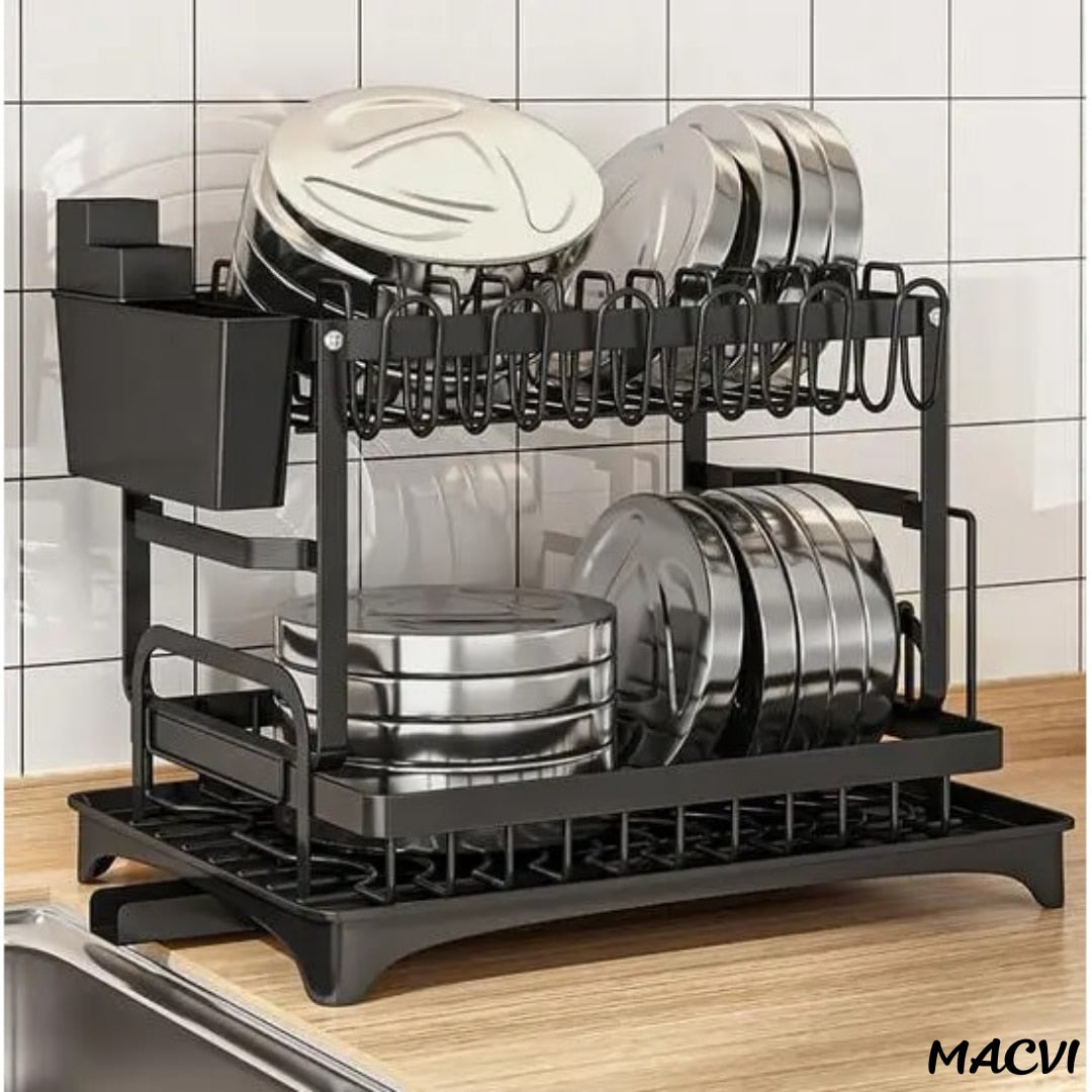 Uscator de vase supraetajat Macvi®, 2 niveluri, suport pentru tacamuri si pahare, tava scurgere, metal rezistent, 42x30x29 cm, negru