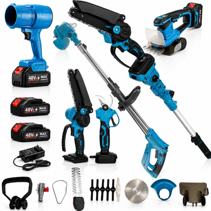 Set Multifunctional 6 in 1 Macvi 48V, Motocoasa, Mini Drujba, Foarfeca Gard Viu, Foarfeca Gazon, Foarfeca Electrica, Suflanta Frunze, Tija Telescopica, 2 Acumulatori Li-Ion, Motor Brushless