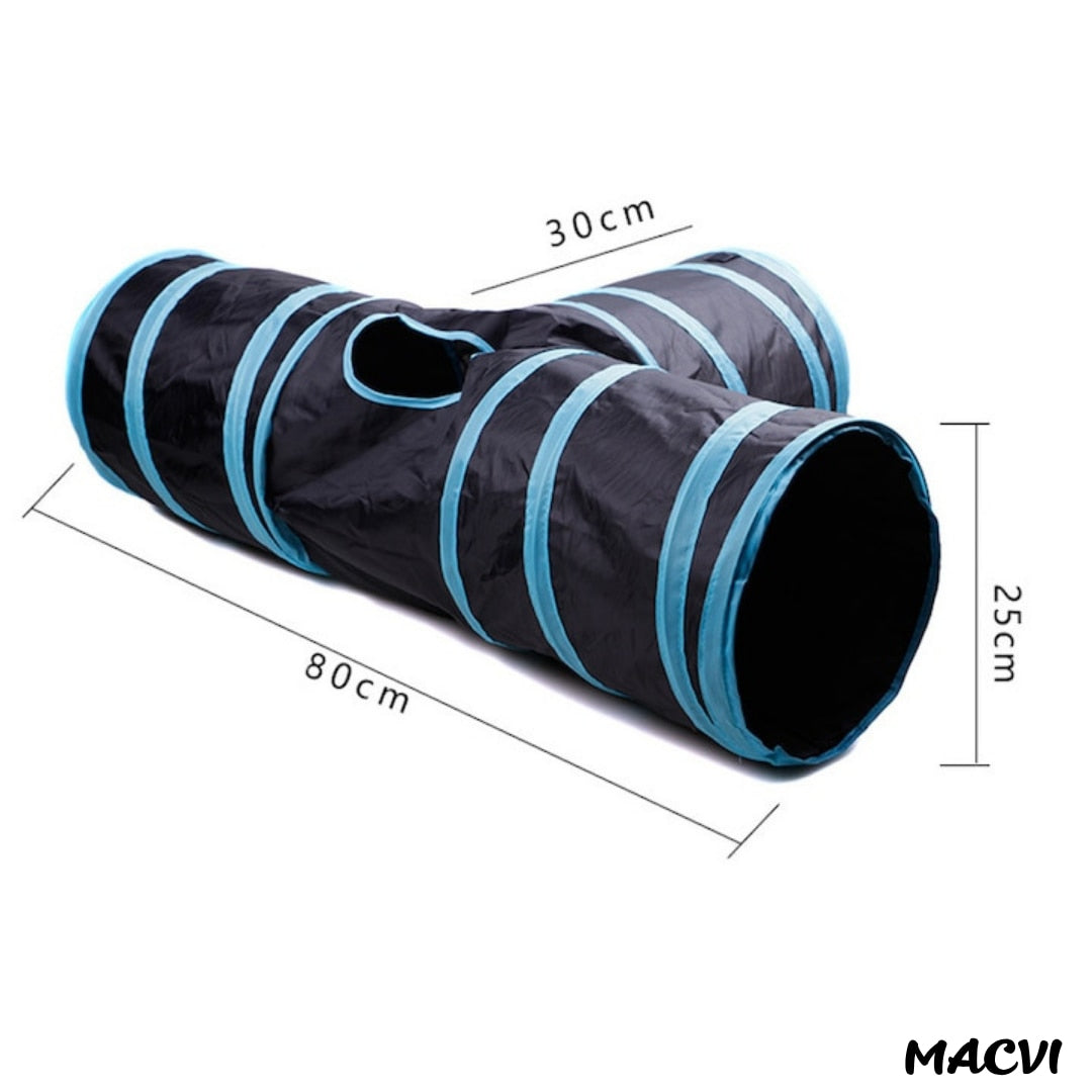 Tunel pliabil pentru pisici Macvi®, 3 cai, cu clopotei, poliester rezistent, portabil, 28x28x5 cm, albastru