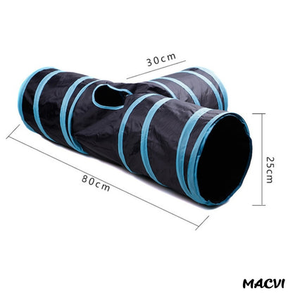 Tunel pliabil pentru pisici Macvi®, 3 cai, cu clopotei, poliester rezistent, portabil, 28x28x5 cm, albastru