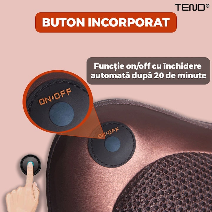 Aparat pentru Masaj Tip Perna Teno®, shiatsu, pentru masaj cervical sau lombar, priza auto sau normala, bile cu infrarosu, terapie cu incalzire, portabila, doua sensuri de rotire, elastic tetiera auto, 30 W, rosu