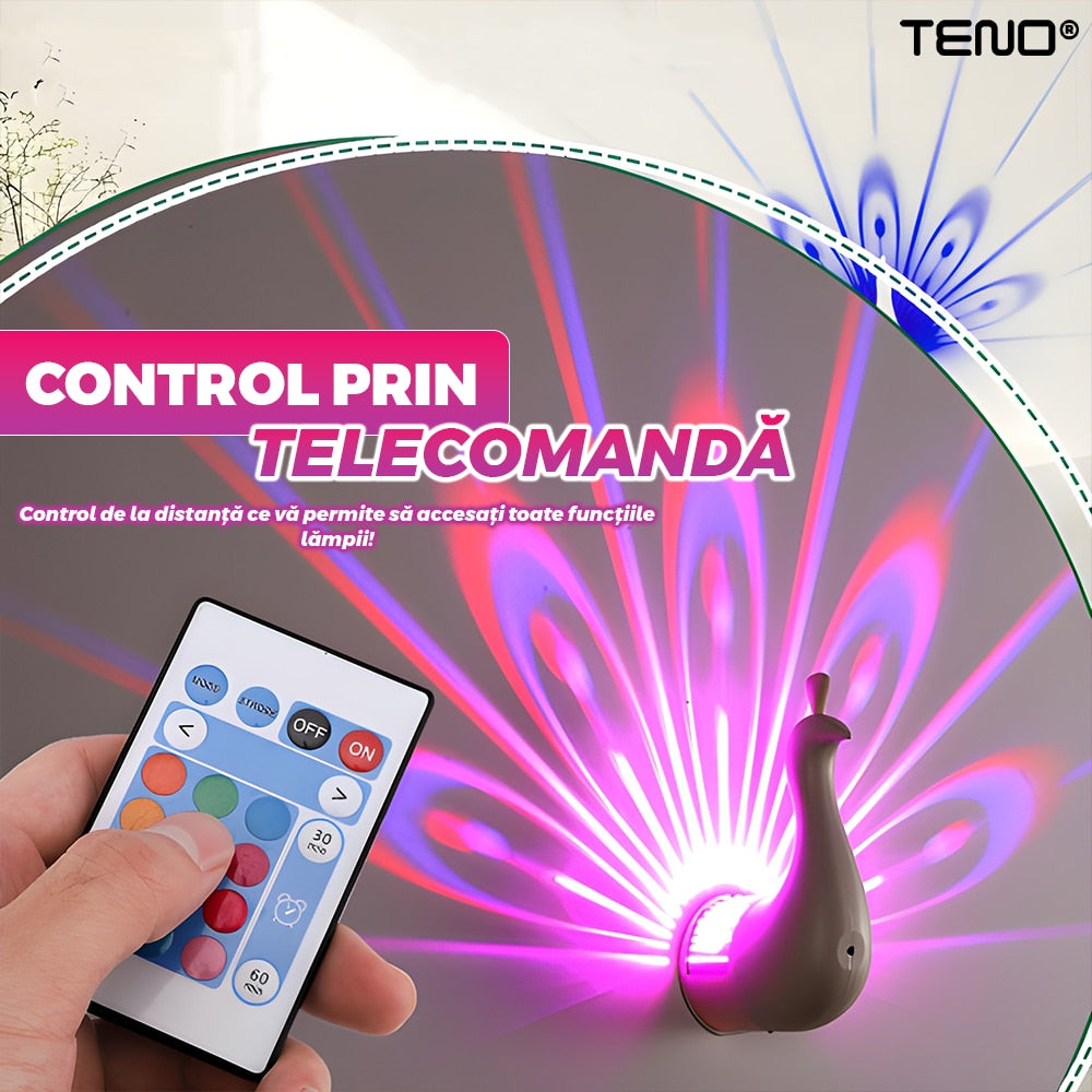 Lampa Proiector Teno®, model paun, alimentare la retea USB, lumini LED, diverse moduri de iluminare, montare usoara, control prin telecomanda/touch, temporizator, alb
