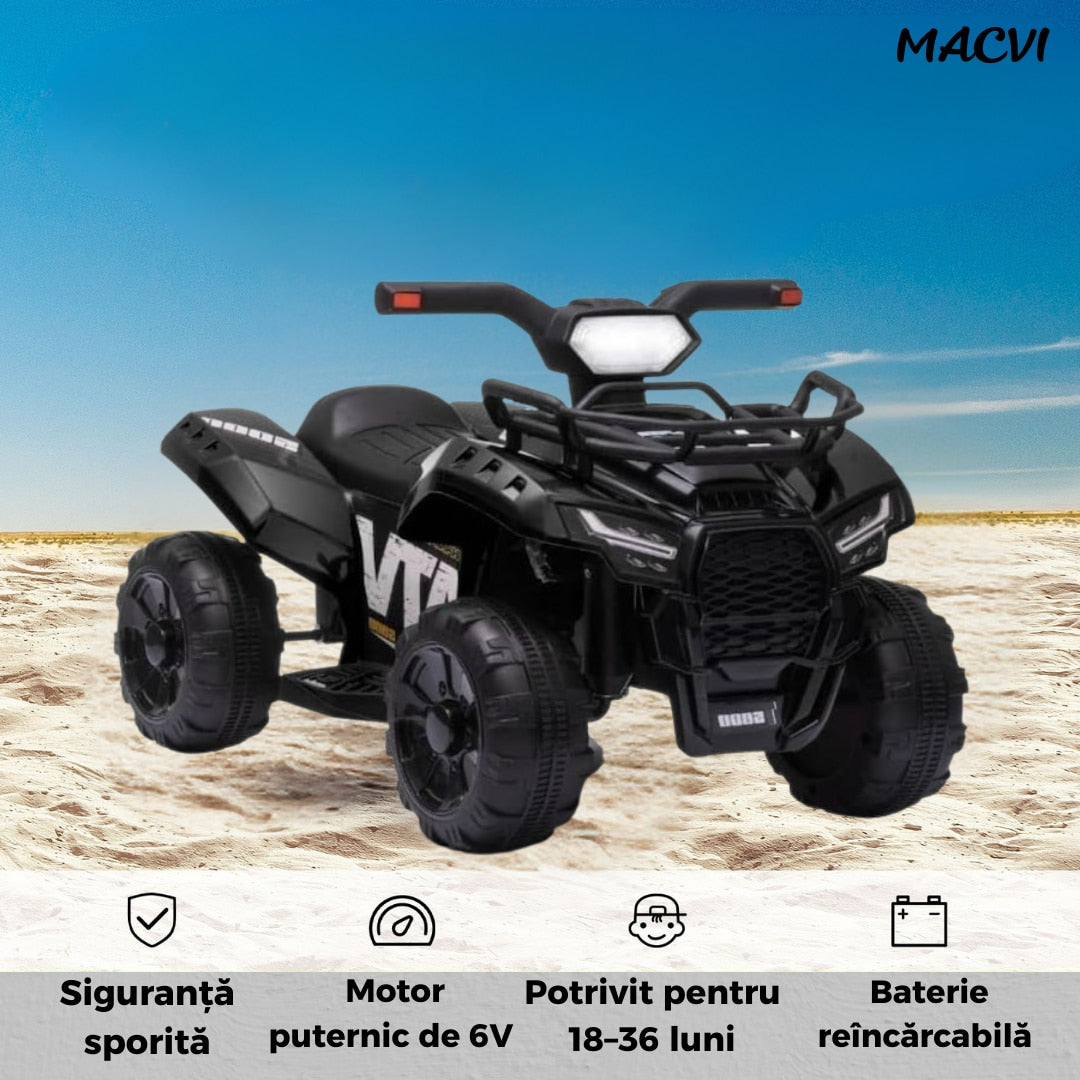 ATV Electric MACVI® pentru Copii cu Motor 6V si Baterie Reincarcabila, Potrivit 18-36 Luni, Control Simplu si Siguranta Sporita, Negru