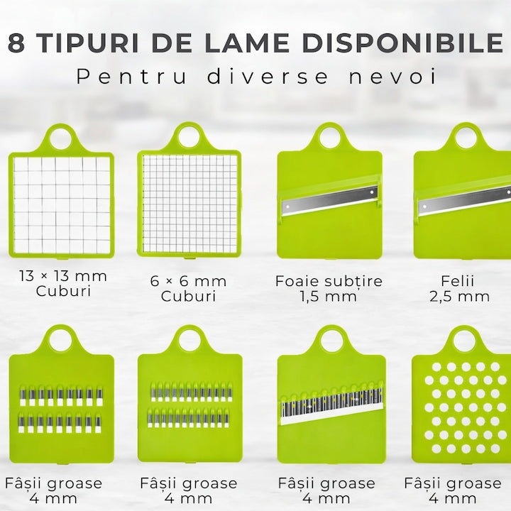 Tocator multifunctional legume MACVI 12 in 1, 8 lame interschimbabile din otel inoxidabil, recipient 1, 5 L, pentru feliere, taiere cuburi