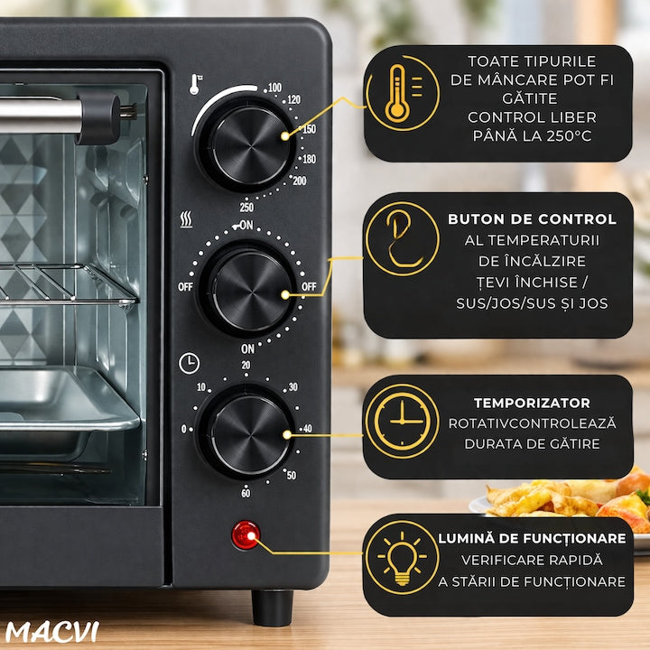 Cuptor Electric de Bucatarie Macvi® 2600W, 48L, Temperatura Reglabila 250°C, 4 Moduri Incalzire, Tava de Copt, Gratar, Functie Rotisor