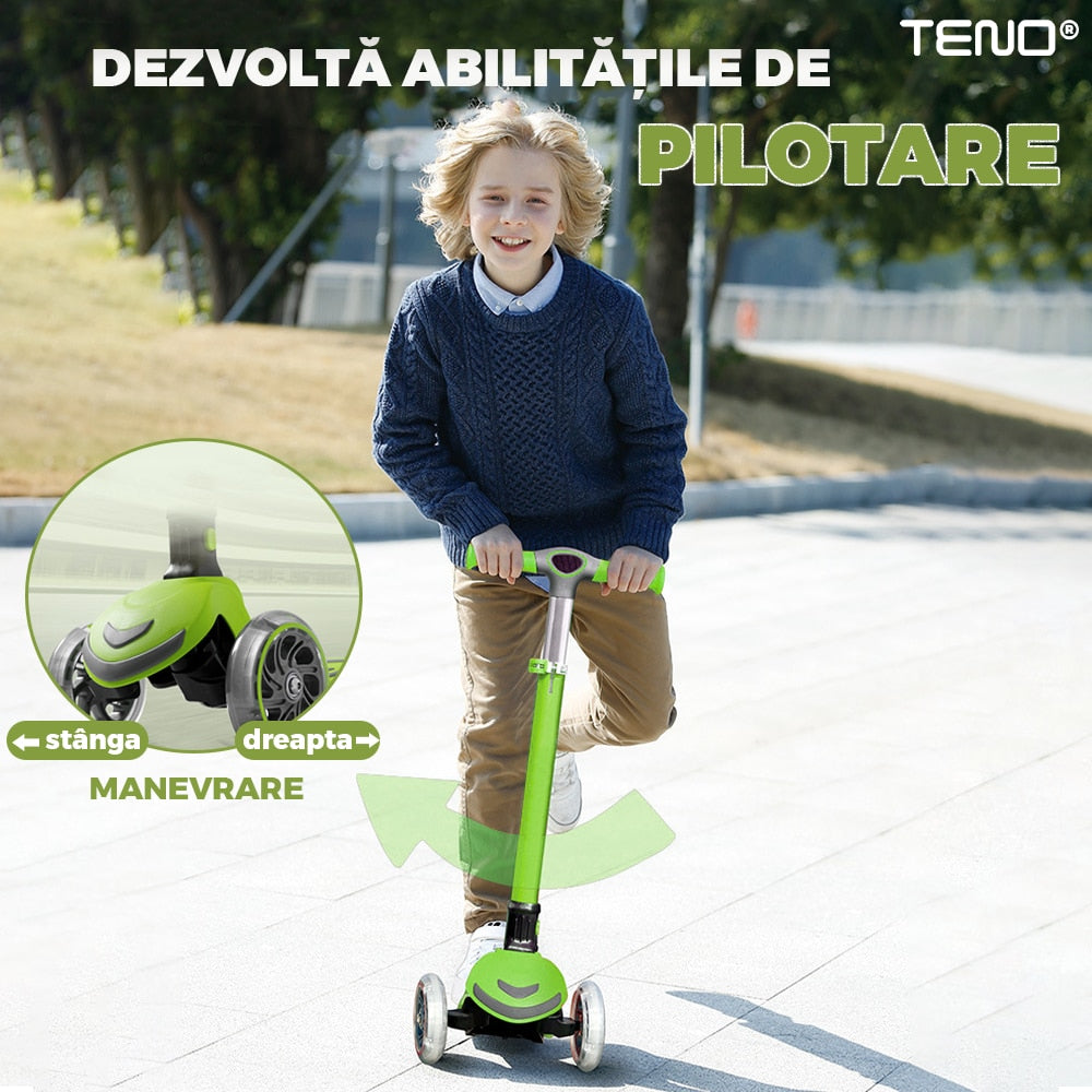 Trotineta pentru Copii cu Lumini Teno®, 3 roti, pliabila, anti-aluncare, inaltime ajustabila, stabila, frana, incorporata, 3-11 ani, verde