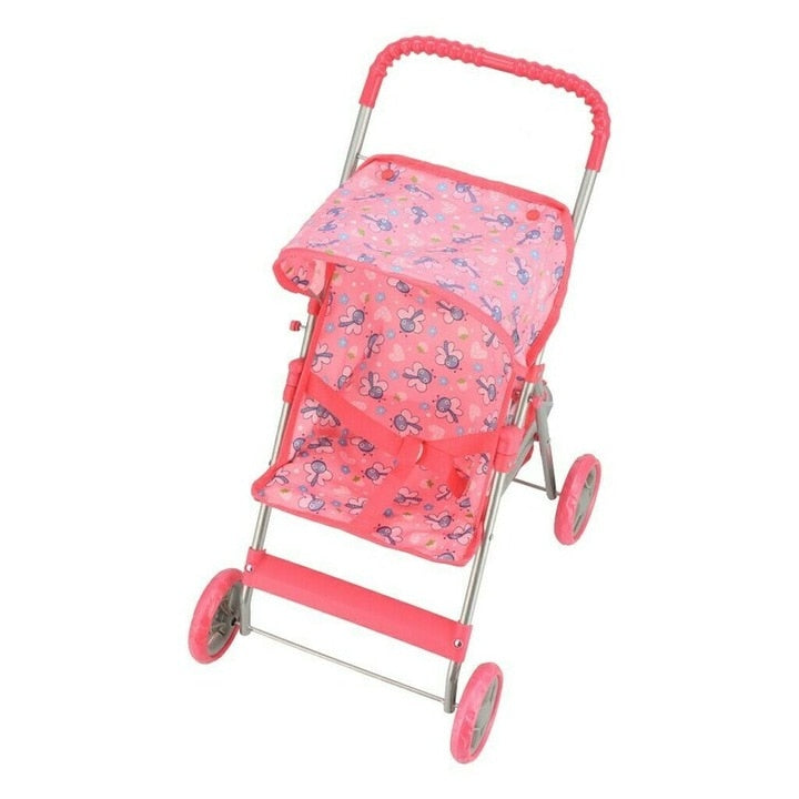 Carucior pliabil pentru papusi Macvi®, cadru metalic rezistent, 4 roti stabile, maner reglabil, cos de depozitare, design realist, roz