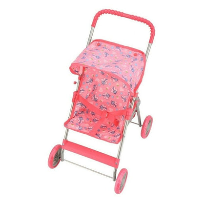 Carucior pliabil pentru papusi Macvi®, cadru metalic rezistent, 4 roti stabile, maner reglabil, cos de depozitare, design realist, roz