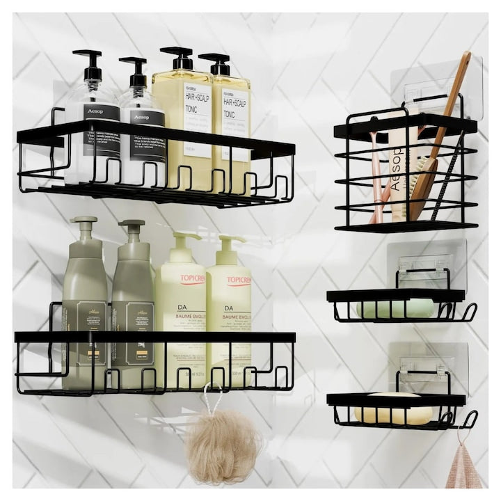 Organizator de dus Macvi® din otel inoxidabil, montare adeziva fara gaurire, capacitate mare, rezistent la rugina, negru
