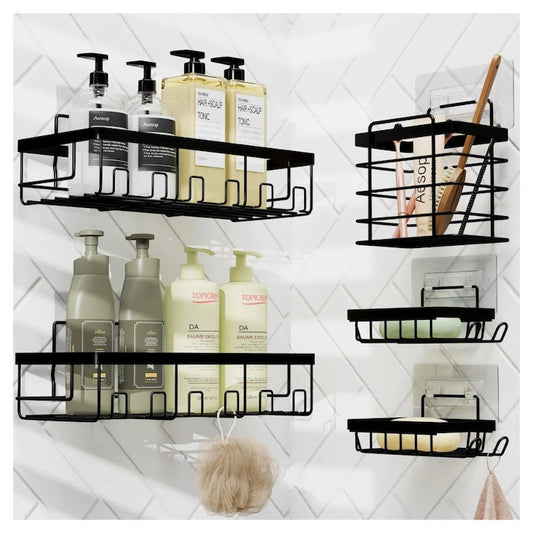 Organizator de dus Macvi® din otel inoxidabil, montare adeziva fara gaurire, capacitate mare, rezistent la rugina, negru