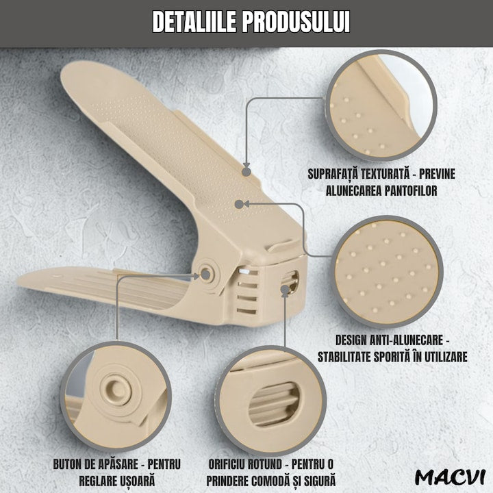 Set 10 Organizatoare pantofi reglabile Macvi®, suport bej pentru incaltaminte, dublare spatiu depozitare, design stabil si antialunecare