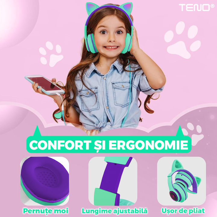 Casti Wireless Model Pisica Teno®, overear, urechi de pisica cu iluminare RGB, bluetooth 5.0, handsfree, HiFi, bass stereo, menta/mov