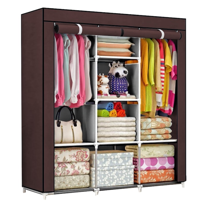Dulap din Material Textil pentru Haine si Incaltaminte Teno®, impermeabil, 8 rafturi, inchidere fermoar, suport umerase, cadru otel, 170 cm, maro