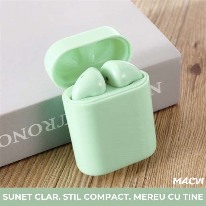 Casti wireless Macvi® Freepods i18, Bluetooth 5.0, Touch Control, HiFi Sound, verde