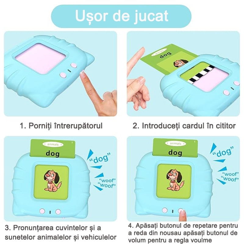 Jucarie educativa Montessori Macvi® masina de invatare limba engleza cu cititor carduri flash 112 carduri 224 cuvinte sunete interactive incarcare MicroUSB albastru 2 ani+