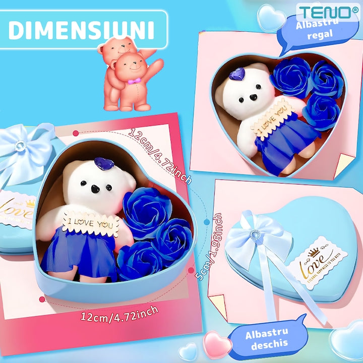 Ursulet cu Trandafiri din Sapun Parfumati Teno®, cutie in forma de inimioara, mesaj pe tablita din lemn ”I LOVE YOU”, 3 trandafiri, fustita si cristal, albastru