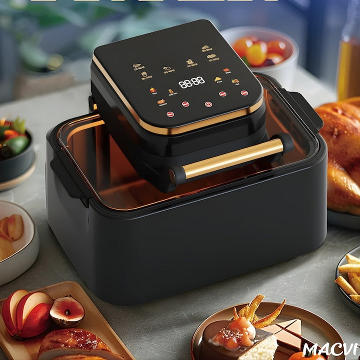 Friteuza cu aer cald digitala 3 in 1 Macvi® fara ulei 12 L 1700W control touch 11 programe LED negru auriu