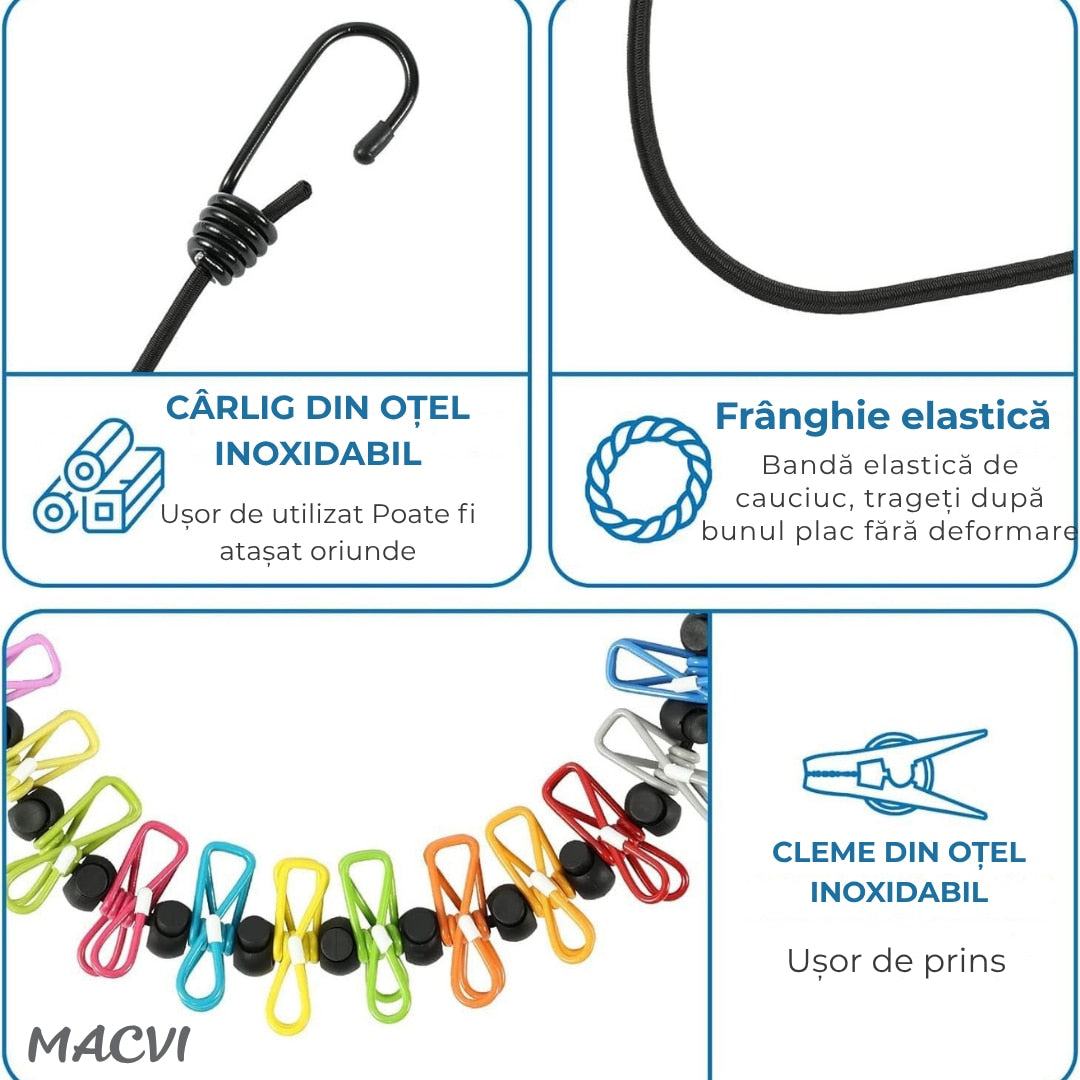 Sfoara Rufe Retractabila Macvi® Portabila 3.5 m cu 12 Cleme si Carlige Camping Balcon Baie Neagra