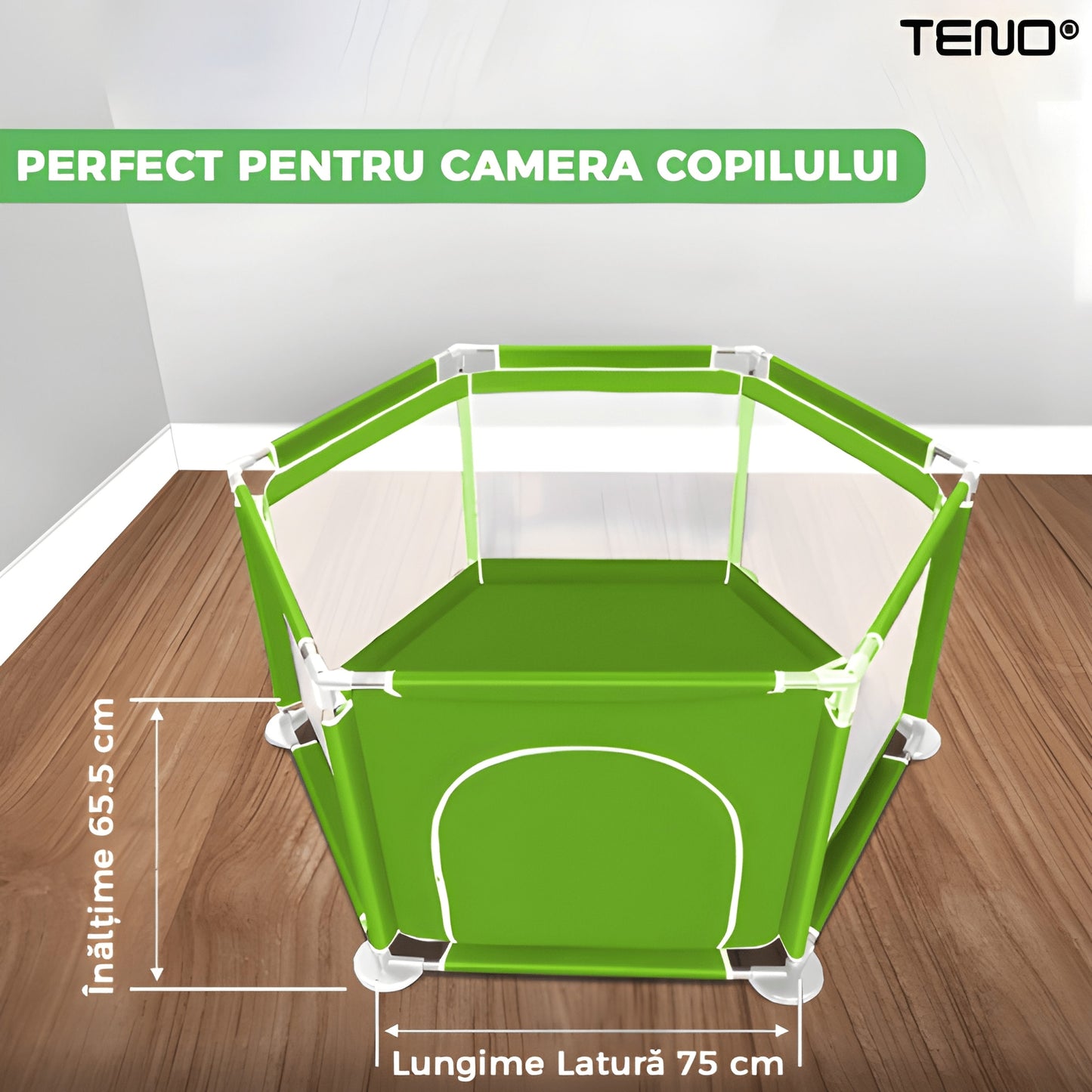 Tarc/Loc de Joaca pentru Copii Teno®, usa cu fermoar exterior, plasa, materiale calitative, usor de montat, dimensiuni 125x110x65.5, verde