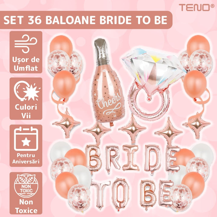 Set 36 Baloane Teno®, Litere, pentru Petreceri/Aniversari/Evenimente, sticla de sampanie, inel de logodna, mai multe dimensiuni, metalizate, folie, model BRIDE TO BE, rose gold