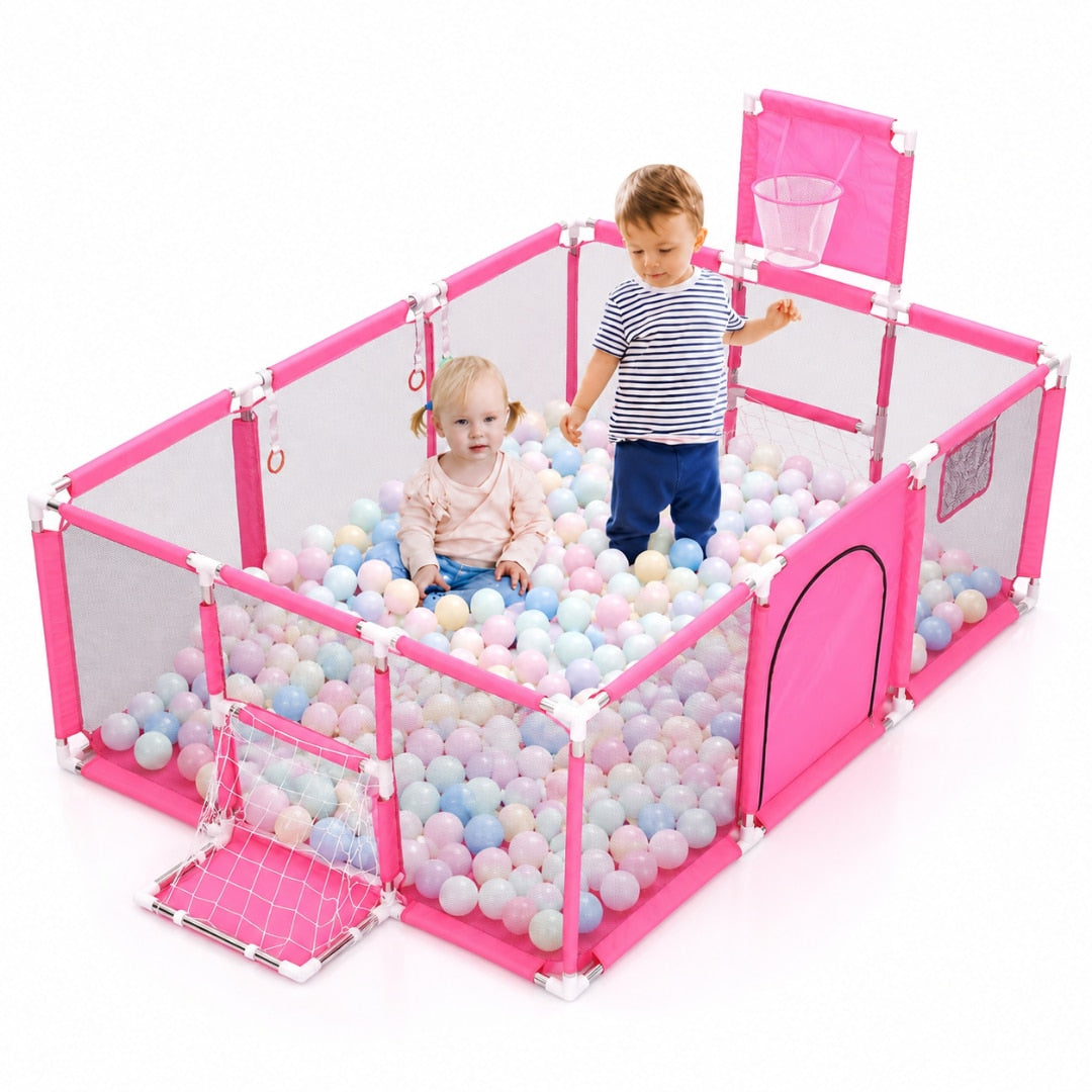 Tarc pentru copii Macvi® 100 bile incluse, gard de siguranta, 6 luni - 6 ani, 190x129x66 cm, usor de montat, otel inoxidabil, Roz