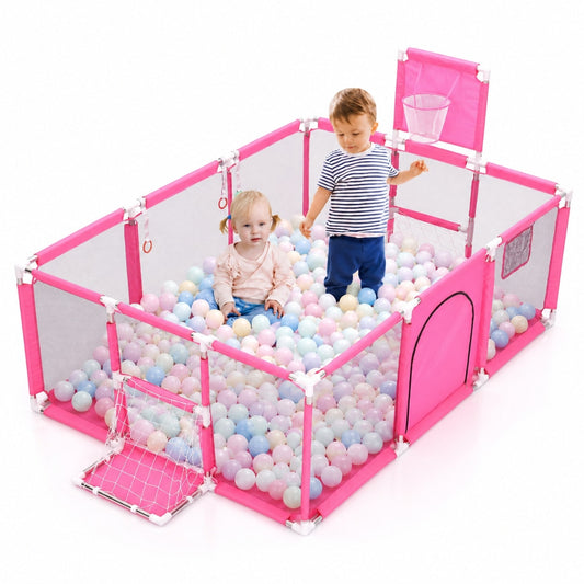Tarc pentru copii Macvi® 100 bile incluse, gard de siguranta, 6 luni - 6 ani, 190x129x66 cm, usor de montat, otel inoxidabil, Roz
