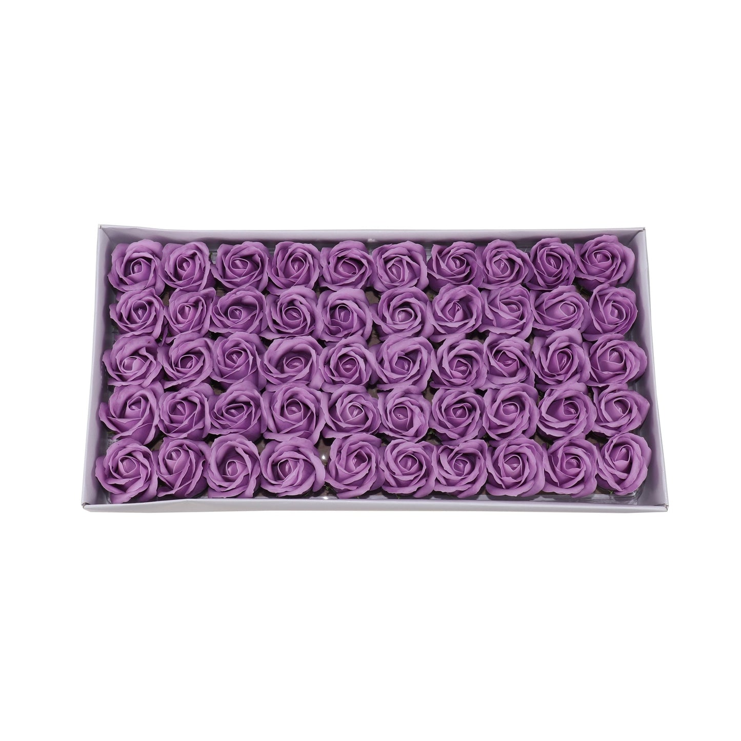 Set 50 trandafiri din sapun, 5x5 cm, calitate premium, decor si cadou elegant, Mov lavanda