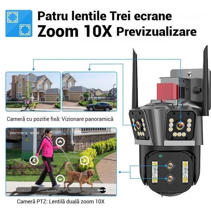 Camera Supraveghere WiFi Tripla Macvi® 4MP HD IP66 Rotire Inteligenta Zoom 4X Vedere Nocturna Color Audio Bidirectional Alarma