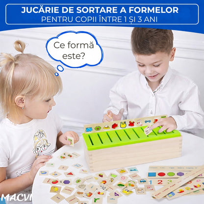 Jucarie educativa din lemn Macvi®, set cu cutie si cartonase, pentru dezvoltarea coordonarii mana-ochi si logicii matematice, 3+, 29, 5×11×8 cm