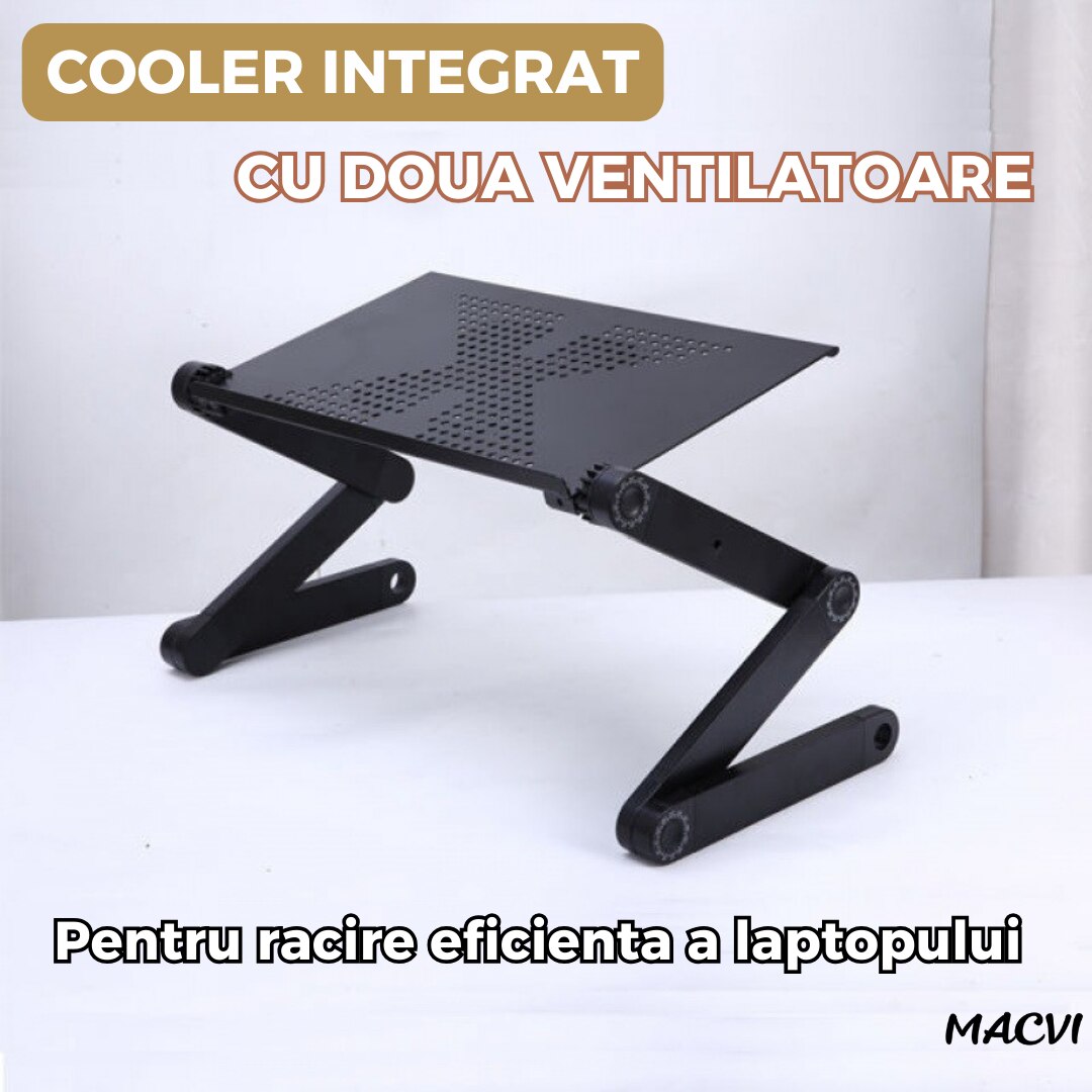 Masa Laptop Multifunctionala Macvi® T8 cu Picioare Reglabile, Cooler Integrat cu 2 Ventilatoare, 42 cm x 26 cm, Negru