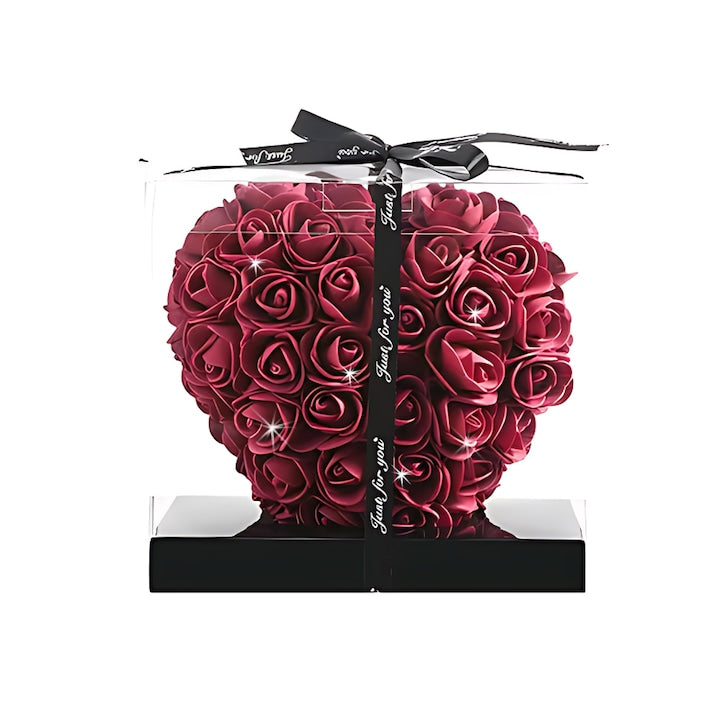 Inimioara din Trandafiri de Spuma Teno®, floral burgundy, handmade, cutie transparenta, eleganta si naturala, nemuritoare, 17 cm