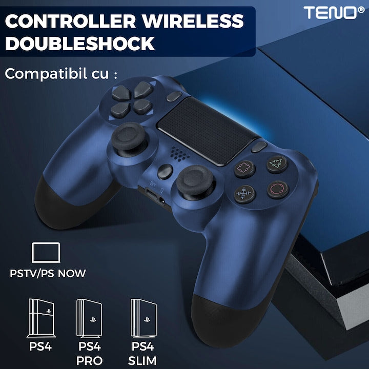 Controller Wireless DoubleShock Teno®, compatibil cu PS4, joystick-uri analog, vibratie dubla, baterie performanta, albastru