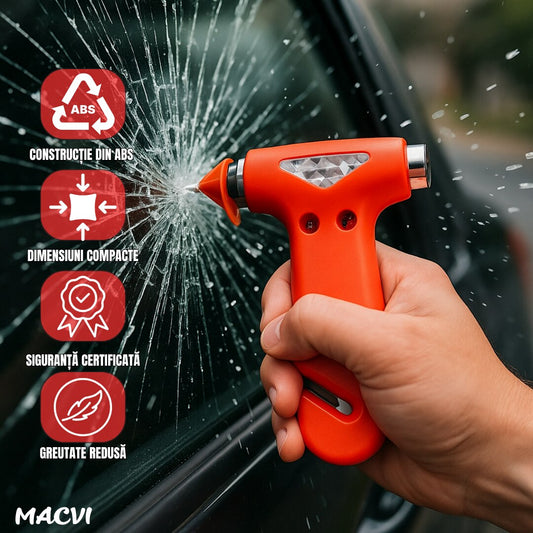 Ciocan de urgenta auto Macvi® 3 in 1, ABS rezistent, cu cutter pentru centura de siguranta si cap metalic pentru spart geamuri