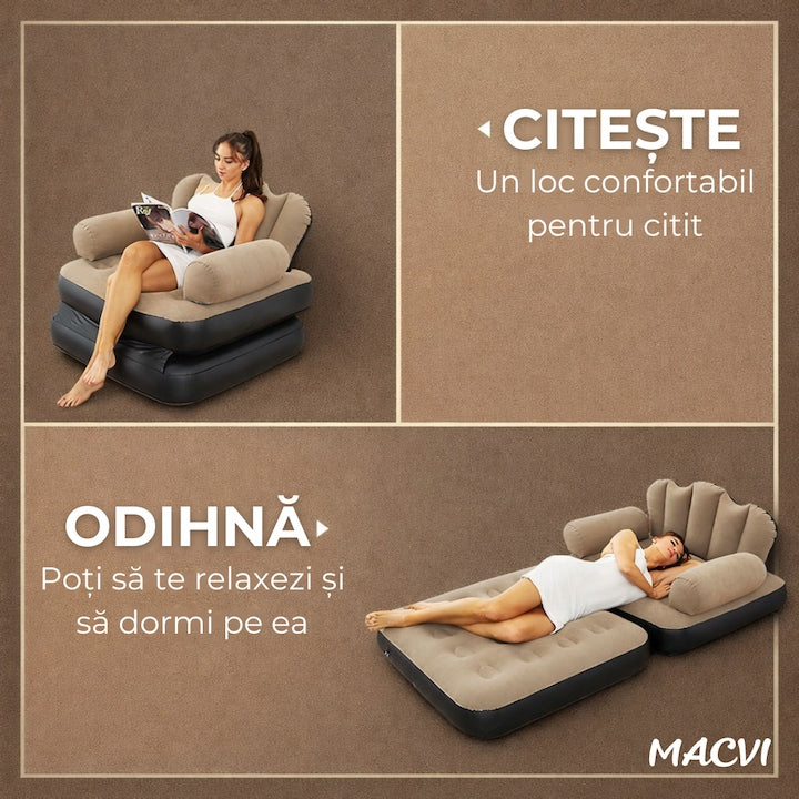 Fotoliu Gonflabil Macvi® XL 2 in 1 Portabil Pentru Interior, Exterior, Camping sau Plaja, Design Ergonomic, 100x88x90 cm, Maro