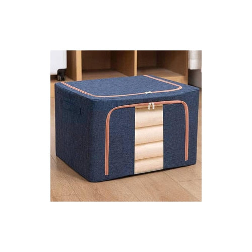 Organizator depozitare Macvi® 100 litri, cutie textila pliabila cu capac si fermoar, panou transparent pentru vizualizare si cadru metalic robust, ideala pentru haine voluminoase si depozitare