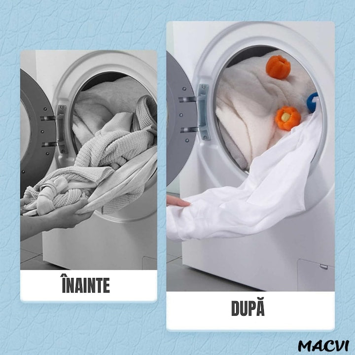 Set 10 bile Macvi® pentru masina de spalat - indepartare eficienta a parului de animale si uman, reutilizabile, eco-friendly, albastru si portocaliu