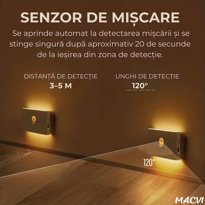 Lampa veghe Macvi® dreptunghiulara pentru perete cu senzor de miscare si senzor crepuscular, LED 3000K cu iluminare laterala, reincarcare USB-C pentru baie, dormitor si scari, 1 buc