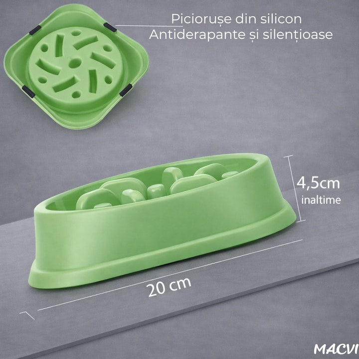 Bol Macvi® pentru caini, hranire lenta, plastic, antiderapant, 19 cm, verde