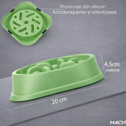Bol Macvi® pentru caini, hranire lenta, plastic, antiderapant, 19 cm, verde