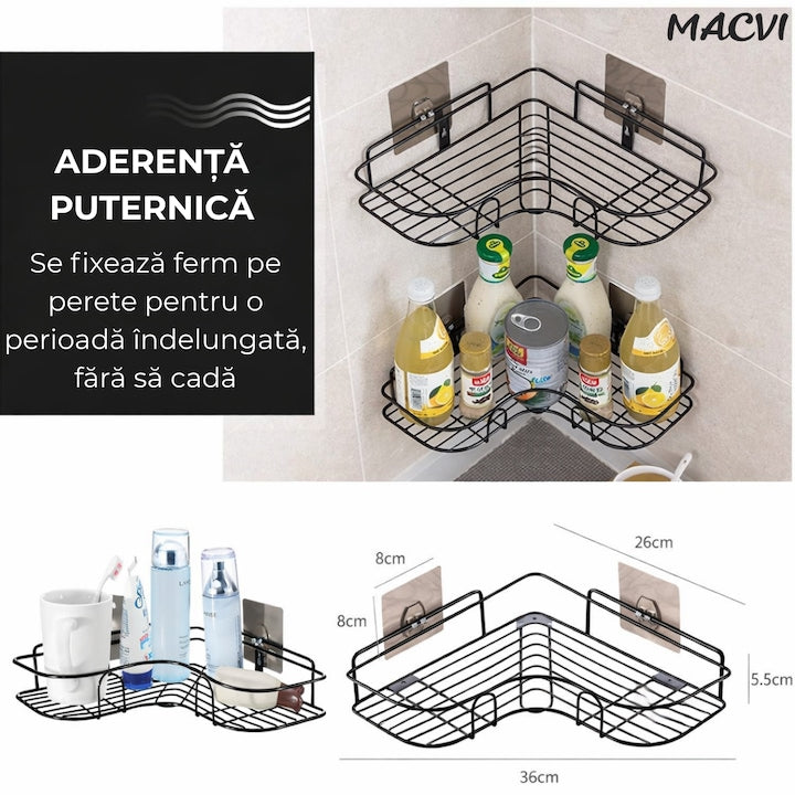 Suport de dus triunghiular Macvi®, montaj pe perete, organizator baie si bucatarie, instalare usoara, depozitare practica