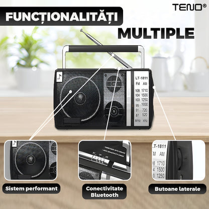 Radio Portabil Teno®, FM/AM, mod dual de alimentare, baterii/la priza, receptie ridicata ce prinde posturi regionale/la sate, port jack 3.5 mm, negru