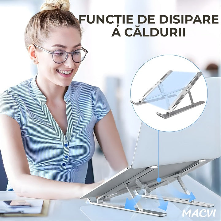 Suport laptop ergonomic Macvi® din aluminiu ,ajustabil 6 nivele, husa de protectie, disipare caldura, antialunecare, compatibil 10-15.6 inch, argintiu