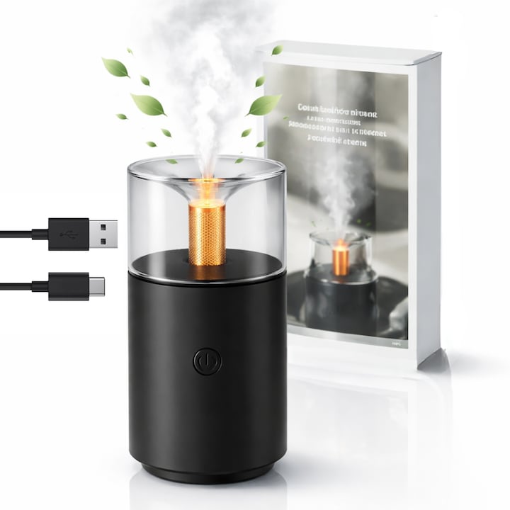 Umidificator Aromaterapie Macvi® cu Efect Flacara Tip Lumanare 250 ml Portabil USB cu Oprire Automata Pulverizare Arome LED Ambiental pentru Dormitor Bucatarie Masina