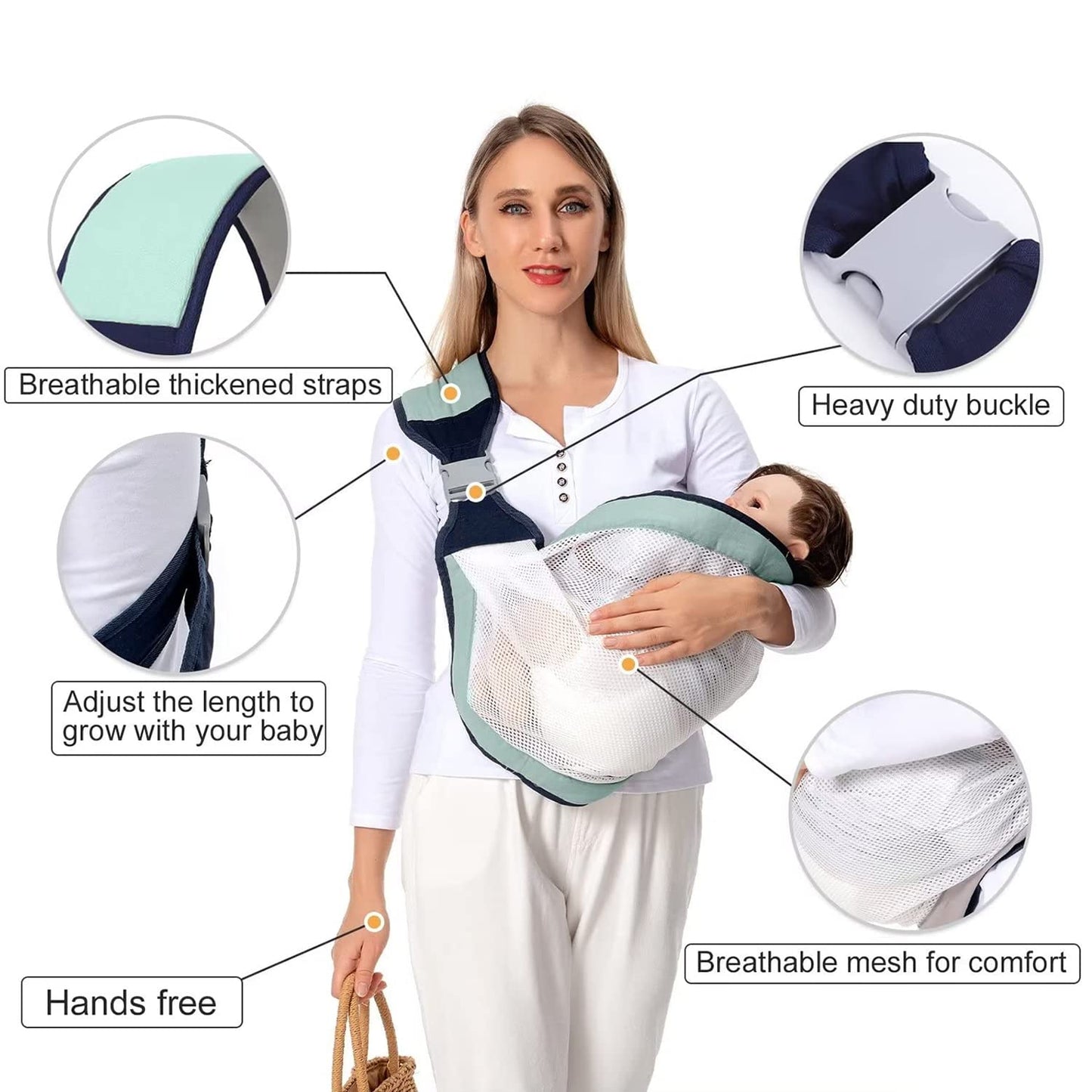 Marsupiu pentru bebelusi MACVI, ergonomic, bumbac si plasa respirabila, culoare verde, greutate max. 15 kg, dimensiune universala
