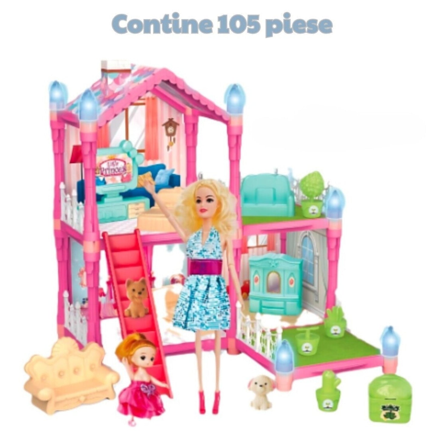 Casuta cu efecte luminoase pentru papusi, MACVI, 105 piese, 2 papusi incluse, roz deschis