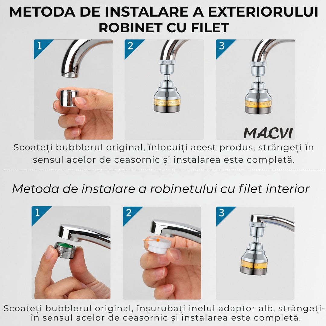 Prelungitor flexibil robinet Macvi® 360° 3 moduri jet economisire apa anti calcar alama inox 7.5 cm argintiu